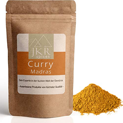 JKR Spices Curry Madras 250g | scharfes Curry Pulver | Indisches Curry Gewürz | Madras Curry Pulver im CO² neutralen wieder verschließbaren Standbodenbeutel | Curry Powder von JKR Spices