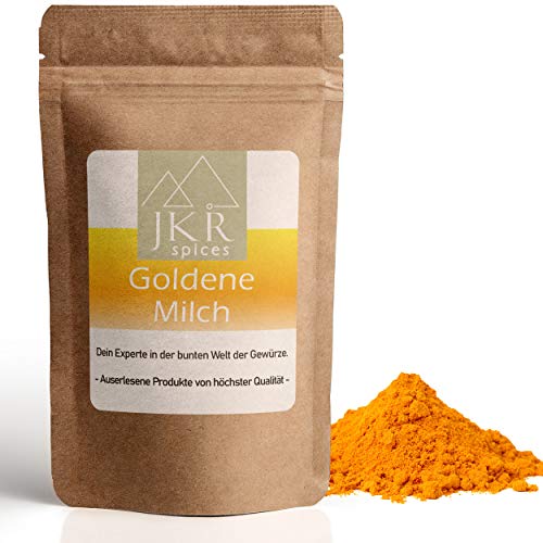 JKR Spices 250g Goldene Milch Pulver für Kurkuma Latte und co. | Golden Milk Pulver mit Kurkuma, Ingwer und Safran für Curcuma Latte im wiederverschließbaren Doypack (250) von JKR Spices