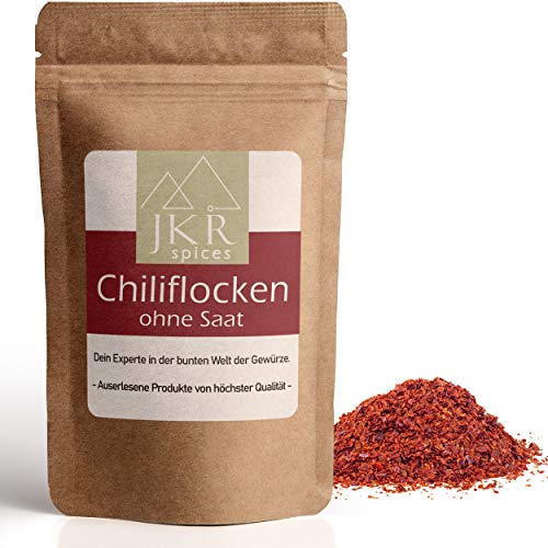 JKR Spices Chiliflocken ohne Saat 250g | Chili Flocken ohne Kerne | Chili Flakes im wiederverschließbaren CO² neutralem Beutel | Chili geschrotet mild | Chilli Flocken von JKR Spices