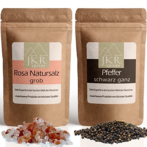JKR Spices Schwarzer Pfeffer ganz + Rosa Natursalz grob - Kombi Angebot - je 1kg (2x1000g) | ganze Körner + Salz für Pfeffermühle | 100% natürlich von JKR Spices