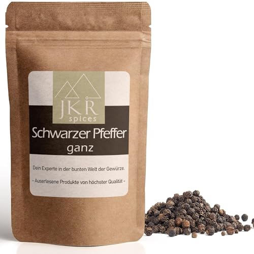 JKR Spices Pfeffer schwarz ganz 250g | Pfefferkörner schwarz für die Mühle | Pfeffer Ganz im CO² neutralen wiederverschliebaren Standbodenbeutel | Schwarzer Pfeffer von höchster Qualität von JKR Spices