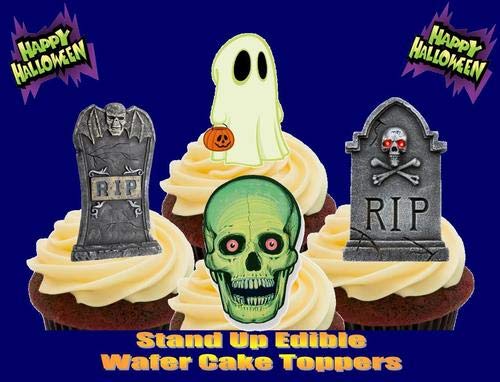 HALLOWEEN RIP GRABSTEIN GEIST UND TOTENSCHÄDEL MISCHUNG - 12 essbare hochwertige stehende Waffeln Kuchen Toppers - HALLOWEEN RIP GRAVESTONES GHOST SKULL MIX von JPS