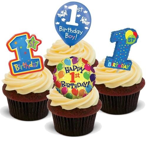 JPS 1. Geburtstag Baby Jungen Unisex – 12 Essbare Dekoration für Kuchen – 1ST Birthday Baby Boy Mix – 12 Edible Stand Up Premium Wafer Cake Toppers von JPS