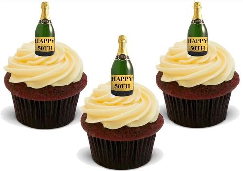 JPS personalisierbare Champagnerflasche Happy 50th – 12 essbare Kuchendekorationen von JPS