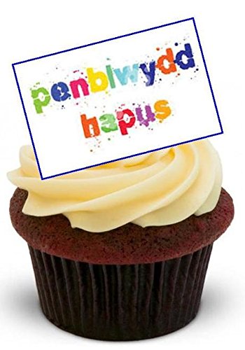 PENBLWYDD HAPUS BUNT (Alles Gute zum Geburtstag auf Walisisch) - 12 essbare hochwertige stehende Waffeln Kuchen Toppers - PENBLWYDD HAPUS COLOURFUL von JPS