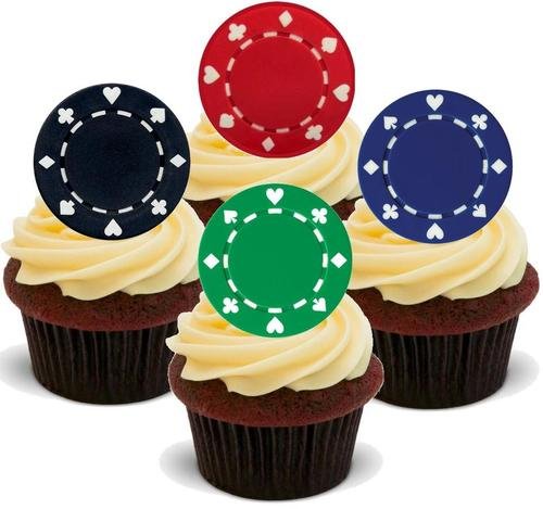 Pokerchips, essbare Kuchendekorationen aus Esspapier, Grün, Schwarz, Blau, Rot, 12 Stück von JPS
