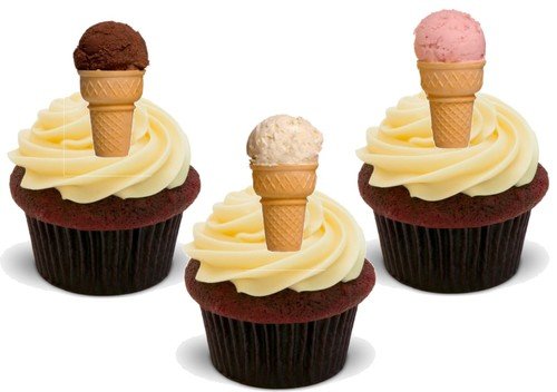 VANILLE,ERDBEER UND SCHOKOLADE EISTÜTEN - 12 essbare hochwertige stehende Waffeln Kuchen Toppers - Vanilla Strawberry & Chocolate Ice-Cream Cones von JPS