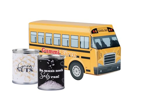 School Bus, Schulbus aus nachhaltigem Papier, gefüllt mit 2 Snackdosen, Erdnüsse geröstet und gesalzen und Honig Salz Erdnüsse, für den Schulanfang, Einschulung, 110 g von JUNG