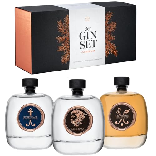 3er Gin Tasting Set by JUNIPER JACK | 100 ml, 46,5% vol. London Dry Gin + 100 ml, 57,2% vol. Navy Strength Gin + 100 ml, 46,5% vol. Smoke & Oak Gin | hochwertige Geschenkverpackung von JUNIPER JACK