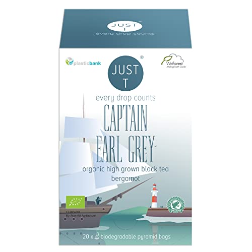 JUST T Captain Earl Grey Pyramiden Teebeutel (20 pcs) | Bio Schwarzer Tee – Gemischt mit Bergamotte | Biologisch abbaubare Bio Teebeutel – Hochland Blatt Tee für alle Teeliebhaber von JUST T