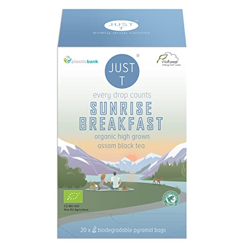 JUST T Sunrise Breakfast Pyramiden Teebeutel (20 pcs) | Bio Schwarzer Tee – Gemischt mit schwarzem Assam-Tee | Biologisch abbaubare Bio Teebeutel – Hochland Blatt Tee für alle Teeliebhaber von JUST T