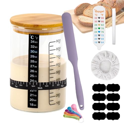 JXAXD Sauerteig Starter Set 900ml, Fermentieren Set mit Holzdeckel 2 Thermometer, Datum Fütterung Band, 8 Etiketten, 5 Löffel, Stift, Spatel, Stoffhut, Sauerteigbehälter für Brotbacken, Fermentieren von JXAXD