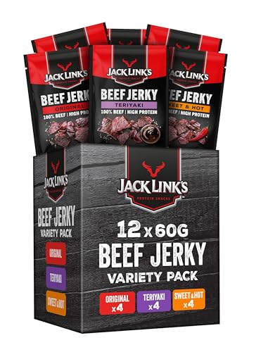 Jack Link's Beef Jerky Mixed Case 60 g - Pack of 12 (12 x 60 g) - Protein-Rich Beef Dried High Protein Dried Meat - in 3 Variants von Jack Link's