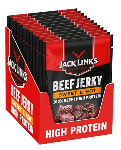Jack Links Beef Jerky Sweet & Hot – 12er Pack (12 x 40g) – Trockenfleisch Eiweiß Snacks - High Protein Snack für Gym, Fitness, Outdoor - American Food für Menschen - Dörrfleisch Chips aus Rind Fleisch von Jack Link's