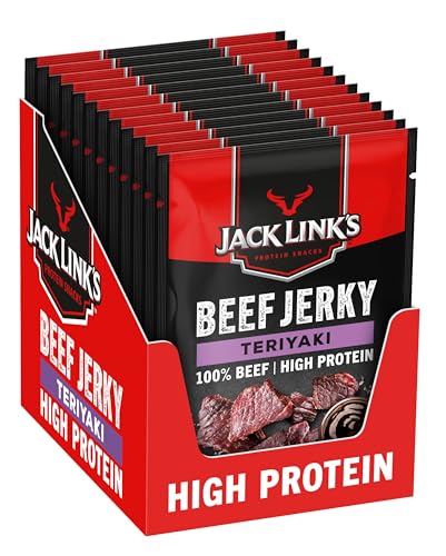 Jack Links Beef Jerky Teriyaki – 12er Pack (12 x 40g) – Trockenfleisch Eiweiß Snacks - High Protein Snack für Gym, Fitness, Outdoor - American Food für Menschen - Dörrfleisch Chips aus Rind Fleisch von Jack Link's