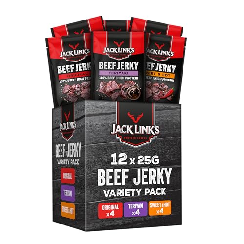 Jack Link's Beef Jerky Mischkarton - 12er Pack (12 x 25g) - Hochwertiger Fleischsnack - Teriyaki, Sweet & Hot - High Protein-Snack - Ideal für Unterwegs, im Büro oder beim Sport von Jack Link's