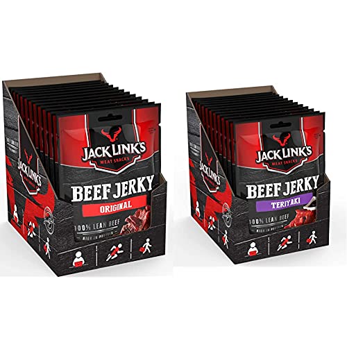Jack Link's Beef Jerky Original – 12er Pack (12 x 25 g) – Proteinreiches Trockenfleisch vom Rind & Beef Jerky Teriyaki – 12er Pack (12 x 25 g) – Proteinreiches Trockenfleisch vom Rind von Jack Link's