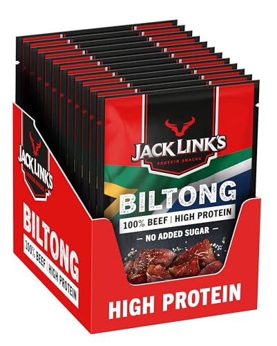 Jack Link's Biltong Original – 12er Pack (12 x 25g) – Glutenfreier Fleischsnack - Proteinreiches Trockenfleisch - Leicht Rauchiges Aroma - High Protein-Snack - Perfekt für Unterwegs oder beim Sport von Jack Link's