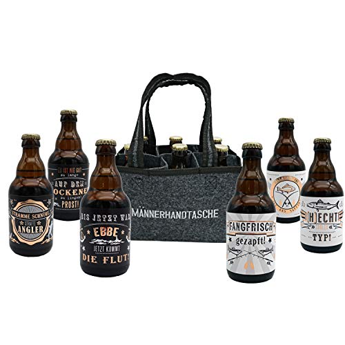 Jack's Männerhandtasche Angler/gefüllt mit 6 Bierflaschen/witzige Sprüche zum Thema Angeln/Herrengeschenk/Partygeschenk/Sixpack/für echte Männer/Fischer von Jack's