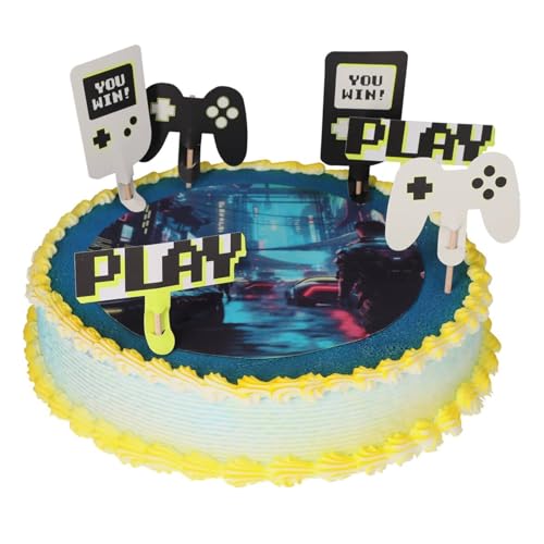 Cake Company Gamer Motivtorte | Torte Dekoration Set mit Zuckeraufleger & 6 Papp-Pickern | Perfekt für Kindergeburtstage & Gaming-Motto-Partys von Jacobi Decor