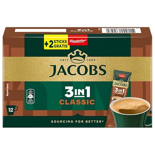 Jacobs 3in1 Classic, Instant Kaffee Sticks, löslicher Bohnenkaffee mit Creamer und Zucker, 12 x 10+2 Sticks, 144 Getränke von Jacobs