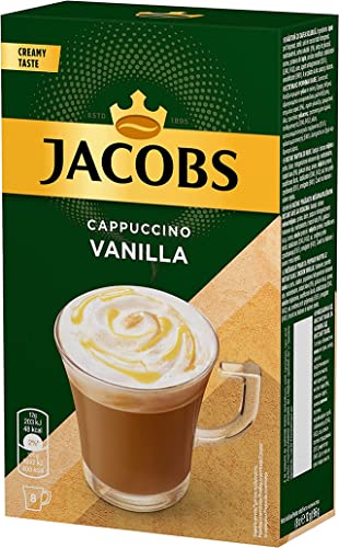 JACOBS Cappuccino 3-in-1-Instant-Kaffee mit Vanille-Milch-Geschmacksstäbchen – 12 Gramm Einzelportionen, frischer Vorrat, Großhandel, – Packung mit 5 Schachteln mit je 8 Sticks von Jacobs