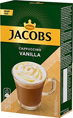 JACOBS Cappuccino 3-in-1-Instant-Kaffee mit Vanille-Milch-Geschmacksstäbchen – 12 Gramm Einzelportionen, frischer Vorrat, Großhandel, – Packung mit 5 Schachteln mit je 8 Sticks von SORINA