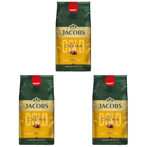 Jacobs Café Crema Gold Kaffeebohnen 1kg – Vollmundig, Aromatisch, Fruchtige Note, Arabica & Robusta Bohnen, Intensität 5/10, ideal für Café Crema (Packung mit 3) von Jacobs
