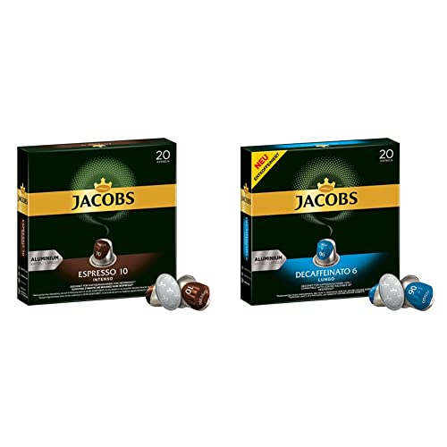 Jacobs Kaffeekapseln Espresso Intenso, Intensität 10 von 12, 10 x 20 Getränke & Kaffeekapseln Lungo Decaffeinato- Intensität 6- 200 Nespresso kompatible Kapseln, 10er Pack, 10 x 20 Getränke von Jacobs