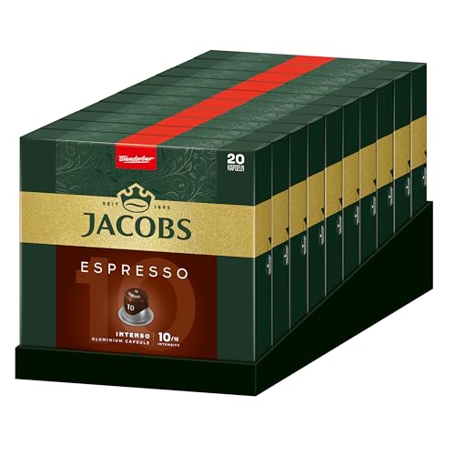 Jacobs Kaffeekapseln Espresso Intenso 10, Nespresso* kompatible Kapseln, Intensität 10/12, Intensiv & kraftvoll, 200 Stück (10 x 20 Getränke) von Jacobs