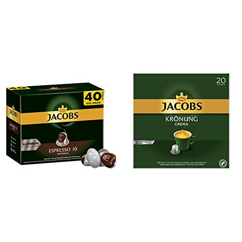 Jacobs Kaffeekapseln Espresso Intenso (nur für kurze Zeit) Megapack XXL, Intensität 10 von 12 & Kaffeekapseln Krönung Crema, 200 Nespresso kompatible Kapseln, 10er Pack, 10 x 20 Getränke, 1040 g von Jacobs