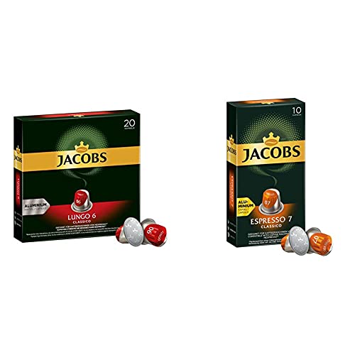 Jacobs Kaffeekapseln Lungo Classico, Intensität 6 von 12, 20 Nespresso®* kompatible Kapseln, 10 x 20 & Kapseln Espresso Classico, Intensität 7,100 Nespresso®* kompatible Kaffeekapseln, 10x10 Getränke von Jacobs
