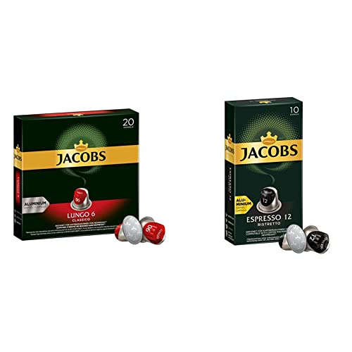 Jacobs Kaffeekapseln Lungo Classico, Intensität 6 von 12 & Kaffeekapseln Espresso Ristretto, Intensität 12 von 12, 100 Nespresso®* kompatible Kapseln, 10er Pack,10 x 10 Getränke von Jacobs