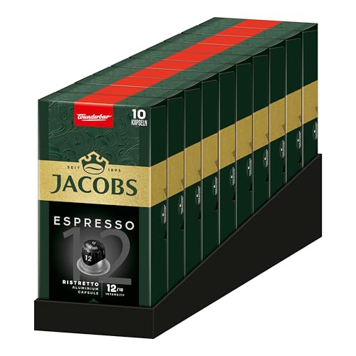 Jacobs Kaffeekapseln Espresso Ristretto 12, Nespresso* kompatible Kapseln, Feinporige Crema, Intensität 12/12, 100 Stück (10 x 10 Getränke) von Jacobs