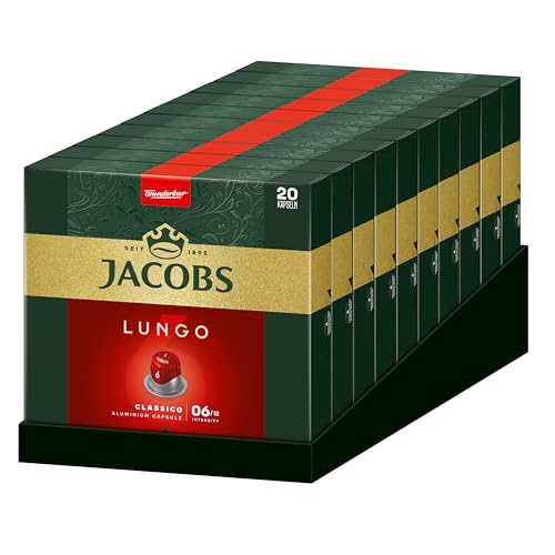 Jacobs Kaffeekapseln Lungo Classico 6, Nespresso* kompatible Kapseln, Samtige Crema, Intensität 6/12, 200 Stück (10 x 20 Getränke) von Jacobs