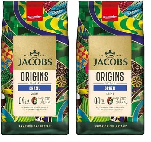 Jacobs Origins Brazil Kaffeebohnen 1kg – Lieblich-Nussiger Geschmack aus Brasilien, Arabica & Robusta Bohnen, Intensität 4/10, ideal für Caffè Crema (Packung mit 2) von Jacobs