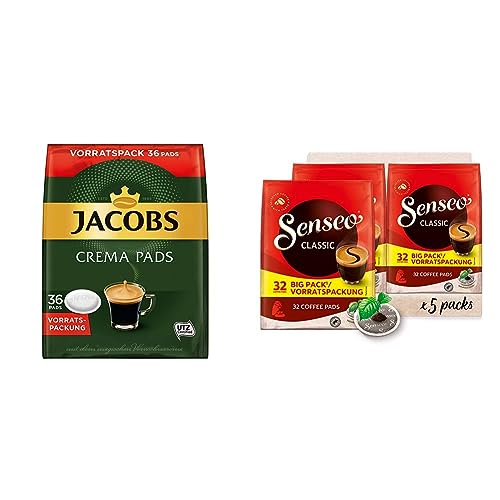 Jacobs Pads Crema Classic, 180 Senseo kompatible Kaffeepads UTZ-zertifiziert, 5er Vorteilspack, 5 x 36 Getränke & Senseo Pads Classic - Kaffee RA-zertifiziert - 5 Vorratspackungen x 32 Kaffeepads von Jacobs