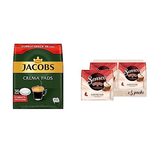 Jacobs Pads Crema Classic, 180 Senseo kompatible Kaffeepads UTZ-zertifiziert, 5er Vorteilspack, 5 x 36 Getränke & Senseo Pads Typ Cappuccino Baileys, 40 Kaffeepads, 5er Pack, 5 x 8 Getränke, 460 g von Jacobs