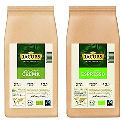 Jacobs Professional Good Origin Vorratspack, ganze Bohne, verschiedene Sorten, Cafe Crema, Espresso, 2x1kg Bohnenkaffee, 100% Fairtrade und Bio-zertifiziert von Jacobs