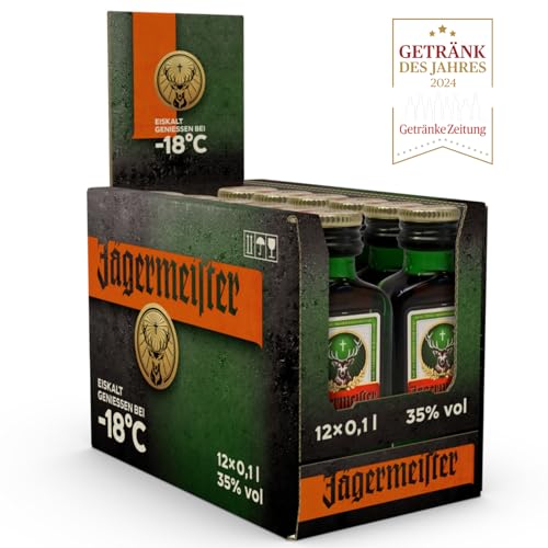 Jägermeister – 12 x 0,1 l Premium Kräuterlikör 35% Vol. – 56 erlesene Kräuter – Kalt mazeriertes Elixier – Im Eichenfass gelagert – Das Original aus Wolfenbüttel von Jägermeister