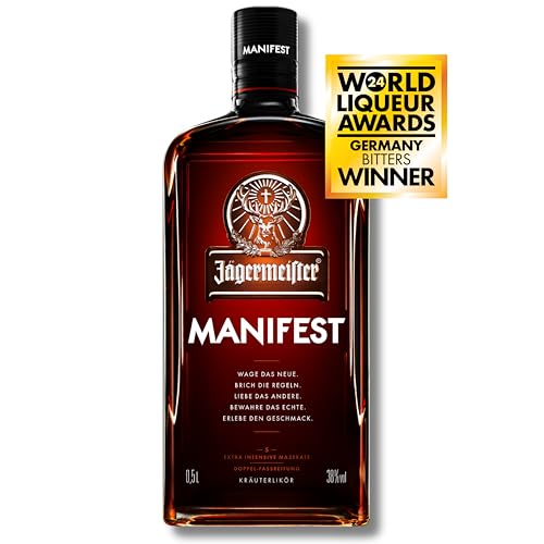 Jägermeister MANIFEST - 1 x 0,5l Superpremium Kräuterlikör 38% Vol. - Perfektion manifestiert mit einem anders gereiften Aroma – Im Eichenfass gelagert – Das Original aus Wolfenbüttel von Jägermeister