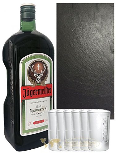 Jägermeister SET 1 x 1,75 Liter + 6 x 4cl Frozen Club Shot Gläser + 1 x Schiefer Servierplatte von Jägermeister