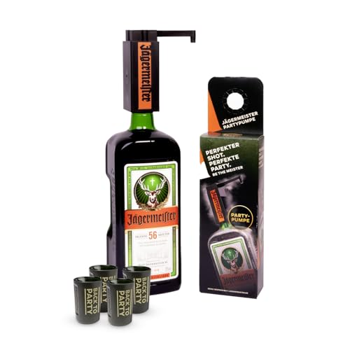 Jägermeister Set elektrische Pumpe für 0,7l Flasche - 1 x 0,7l Premium Kräuterlikör 35% Vol., Mini Zapfanlage und 2 x Shotglas 2cl - Jägermeister Geschenkset - Geschenkidee von Jägermeister