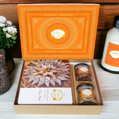 Ghasitaram Gifts Jaiccha Ghasitaram Orange Hamper Box with Kaju Katli, Choco Almonds, and Flavour Raisins |Diwali,Holi,Valentine,Birthday,Anniversary,Gift for Her,Him,Mothers Day,Fathers Day| von Jaiccha