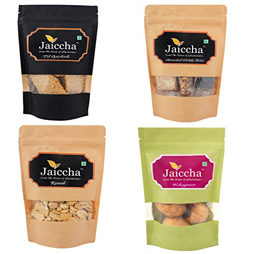 Ghasitaram Gifts Jaiccha Lohri Sweets Pack of 4 Til Gachak, Lohri Khajoor, Gud Rewadi and Assorted Chikki Pouches von Jaiccha