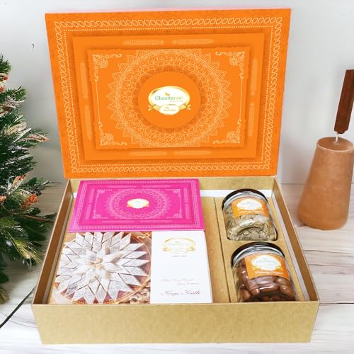 Ghasitaram Gifts Jaiccha Orange Hamper Box with Kaju Katli, Milk Cake, Choco Coated Almonds and Flavour Raisins |Diwali,Holi,Valentine,Birthday,Anniversary,Gift for Her,Him,Mothers Day,Fathers Day| von Jaiccha