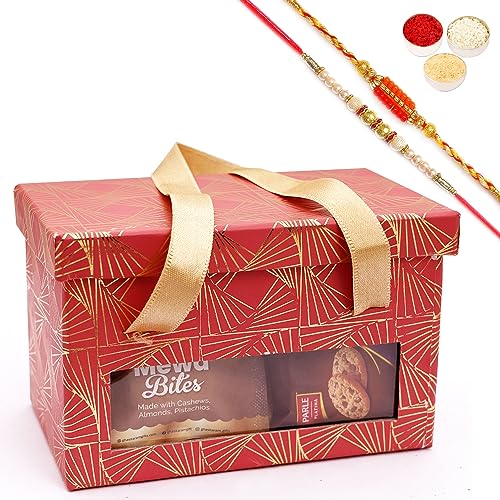 Ghasitaram Gifts Jaiccha Rakhi Gifts for Brothers - 2 Jars Red Box With Bites and Cookies with 2 Rakhis von Jaiccha