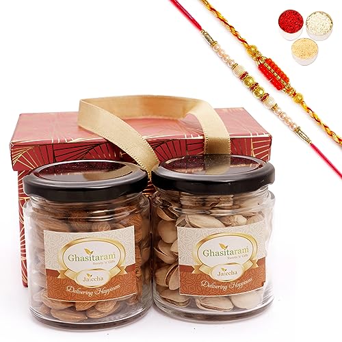 Ghasitaram Gifts Jaiccha Rakhi Gifts for Brothers - 2 Jars Red Box with Almonds and Pistachios with 2 Rakhis von Jaiccha