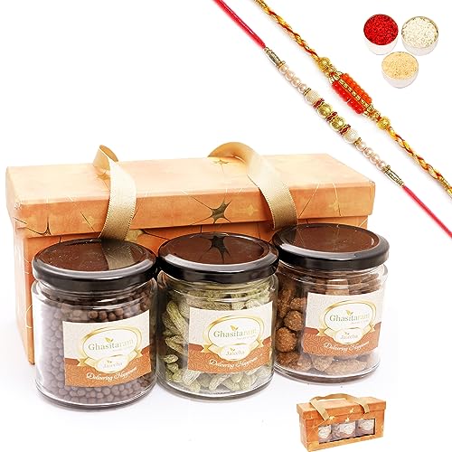 Ghasitaram Gifts Jaiccha Rakhi Gifts for Brothers - 3 jars Orange Box with assorted nuts and crispies with 2 Rakhis von Jaiccha