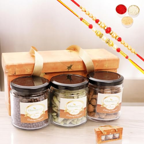 Ghasitaram Gifts Jaiccha Rakhi Gifts for Brothers - 3 jars Orange Box with assorted nuts and crispies with 2 Rakhis von Jaiccha